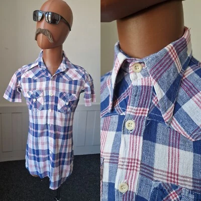 Vintage 70s Dagger Collar SHIRT In Blue Check Cotton Mod Disco Slim Fit *S* AP06 • £18