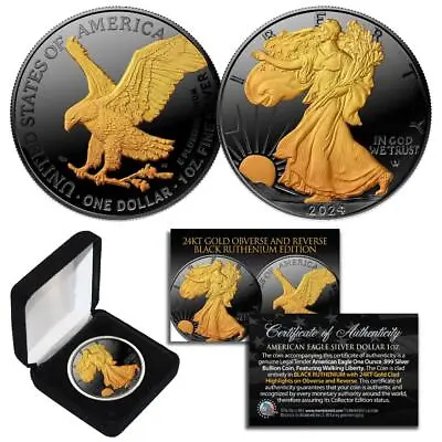 2024 BLACK RUTHENIUM 1 Oz 999 Silver American Eagle Coin 24K Gold Gilded 2-Sided • $89.95