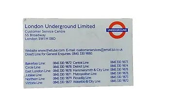 London Underground Customer Service Contact Info  Card Partial Tube Map On Rear • £150