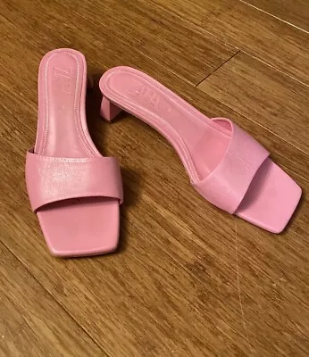 Zara Square Toe Pink Slide Chunky Kitten Heel Pink Size 38 • $35