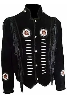 Men Native American Western Cowboy Leather Jacket Suede Fringe & Beaded • $79.99