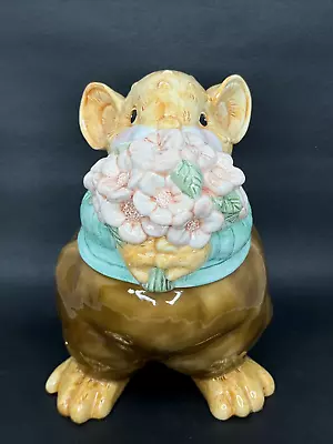 Musical Cookie Jar Mouse Holding Flowers 10  Ceramic RARE Vintage Kitschy - READ • $52