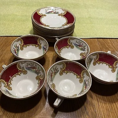 Royal Crown Myott Staffordshire ‘Chelsea Bird’ Red 5  Cups And 11 Saucers. • $35