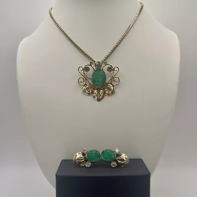 Vtg LUSTERN L. Stern Green Carved Peking Glass Jade Necklace/Brooch & Earrings • $30