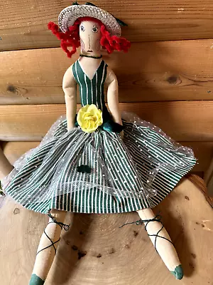 Large Vintage Folk Art Cloth Ballerina Doll Red Pipe Cleaner Hair Green Shamrock • $12.54