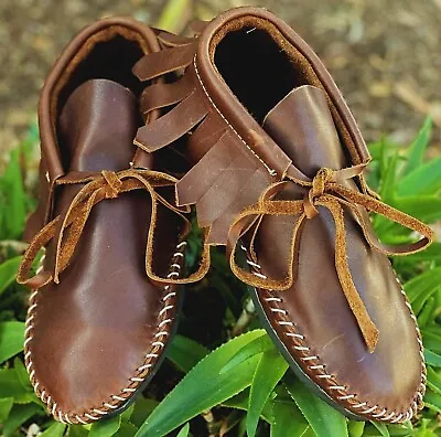 Women Brown Soft Leather Moccasin Ankle Fringe Lace Up Comfort USA Handcrafted • $83.95