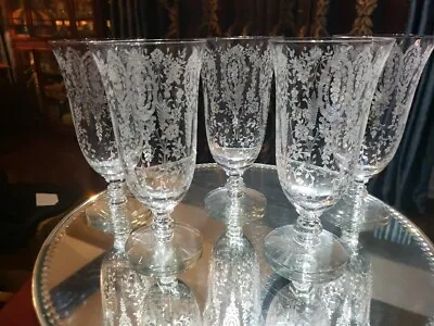 Set (5) Ice Tea Goblets Footed Glasses 6-5/8  Tiffin Crystal Etched June Night • $119.95