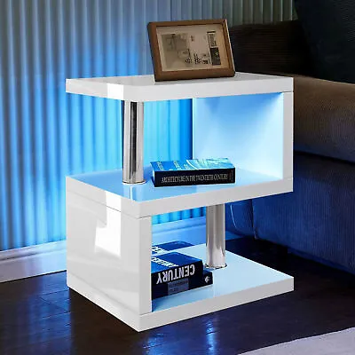 High Gloss Side Coffee Table 2 Tier Bedside End Table With LED Light Living Room • £25.99