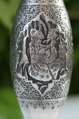 Antique  Silver 84 Vase Handmade Qalam Zani Qajar Middle Eastern • $790