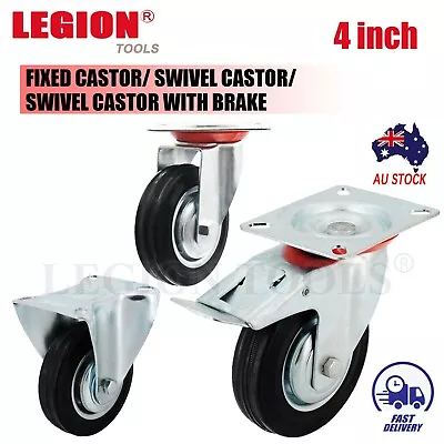 Castor Wheels 4  100mm 4 Inch Heavy Duty Fixed/Swivel/Brake Caster  Black Rubber • $34.90