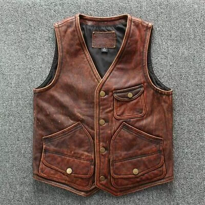 Mens  Classic Vintage Brown Biker Vest Bomber Top Motorcycle Leather Jacket • $79.99