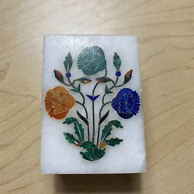 Vintage White Marble Trinket Jewelry Box Inlay Pietra Dura Malachite Decor • $179.10