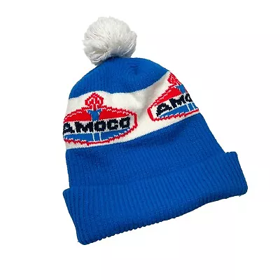 Vintage Amoco Oil Gas Beanie Stocking Hat Cap Winter Red White Blue Pom Pom • $23.97