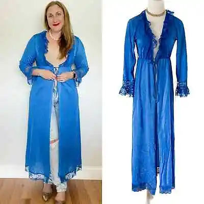 Vintage Lace Trimmed Peignoir Long Négligée Robe Royal Blue Size Large L • £28.95