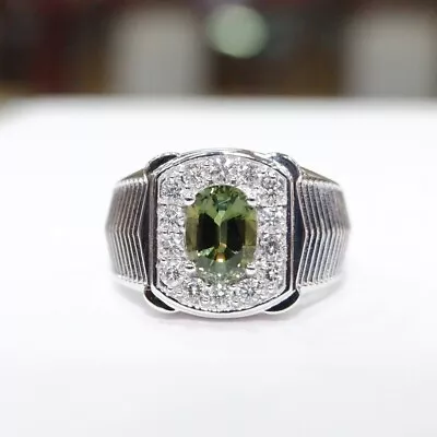 Natural Green Sapphire 1.76CTS Diamond 18K White Gold Men's RingAGL Certified • $3100