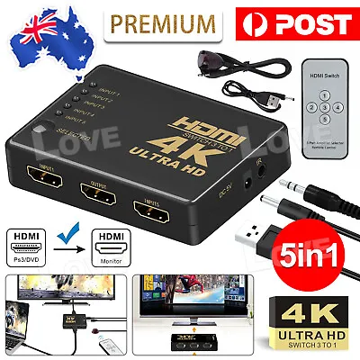 5 Port HDMI Splitter Switch Switcher Hub Box HDTV Ultra HD 4K 60Hz With Remote • $9.45