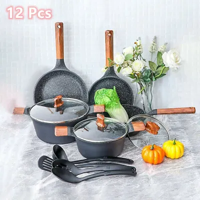 $93.49 • Buy 12 Pieces Hammered Cookware Set Granite Coated Nonstick Pots And Pans Set Black
