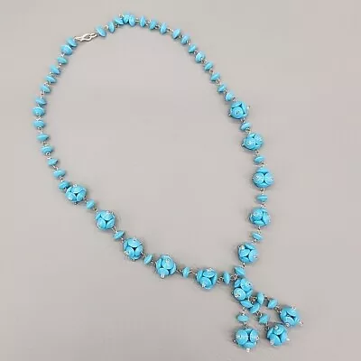 Glass Beaded Necklace Vtg Blue Saucer Station Beads Tassel 20.5  • $34.95