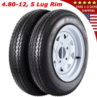 2Pack 4.80-12 480-12 4.80x12 Trailer Tire On 12'' Rims 5 Lug 6PR Load Range C • $99.85