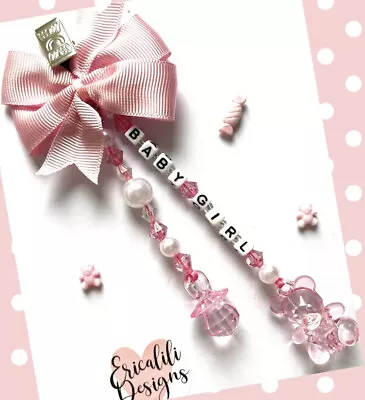 Personalised Pram Charm Clip Teddy Dummy Pink White Girl Baby Shower Gift Bag • £7.95