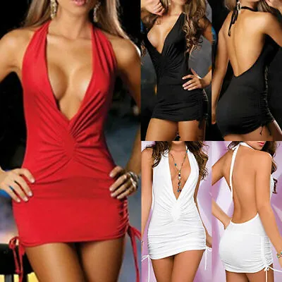 Women Sexy Deep V Neck Mini Dress Backless Bodycon Halterneck Party Club Dress • $6.64
