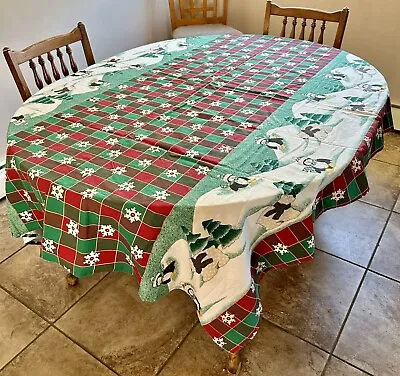 Vintage Handmade Christmas Linen Tablecloth Rectangle Penguins 82  X 60” • $15.30