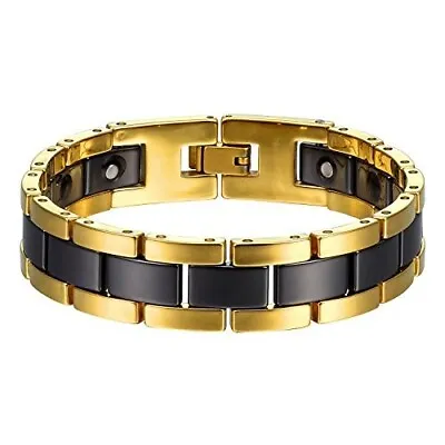 8.25  Mens Gold & Black Bracelet Two-Tone Tungsten Ceramic & Magnets + Fancy Box • $49.95