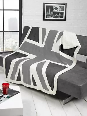 UNION JACK SHERPA FLEECE THROW - MONOCHROME - 130 X 160 Cm • £9.99