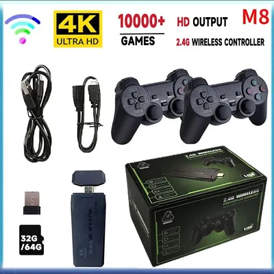 Wireless HDMI 4K TV Game Stick Console Built In 64GB 20000 Retro Games 2 Gamepad • £18.68