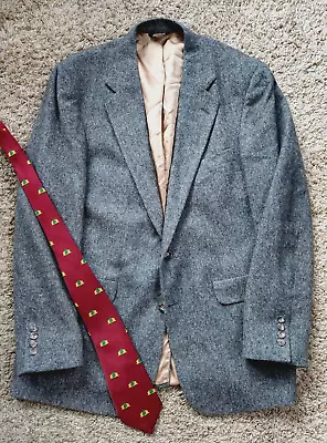 Vintage 70s Bill Blass Camel Hair Sport Coat Men's 44L Long Herringbone Gray USA • $49.95