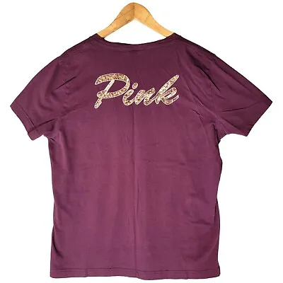 Victorias Secret Pink Sequin Spellout Shirt Womens L Burgundy Gold Short Sleeve • $14.01