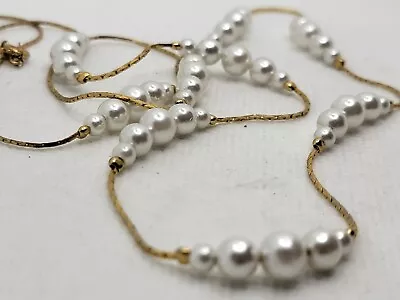 Stunning 80's Vintage Gold Chain 5 Pearl Beaded Long Necklace Beautiful Jewelry • $19.99