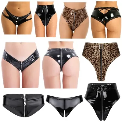 Womens Wet Look Leather Briefs Shorts Zip Open Crotch Panties Knickers Underwear • £10.78