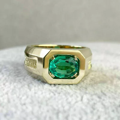 2.50 CT Oval Cut Green Simulated Emerald Men Statement Ring 14k Yellow Gold  • $115.96