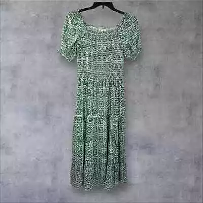 Max Studio Kelly Green Print Maxi Dress Size Large Smocked Top With Puff Sleeve • $40