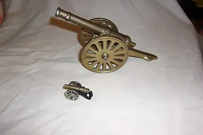 Vintage  Cast Iron Cannon & Miniature Metal  Plastic Toy Unmarked Wheels Barrel • $19.99