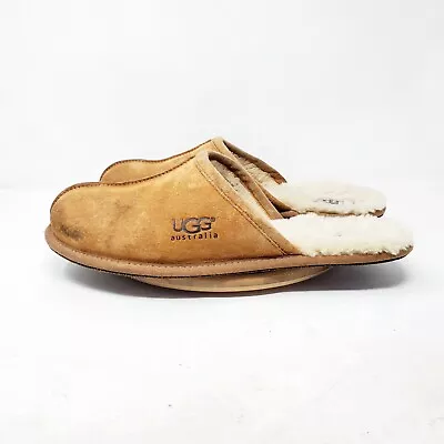 UGG Scuff Slippers Mens 13 Brown Leather Slip On Shoes Shearling Lined Mule • $29.95