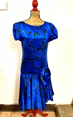 Vintage Albert Nipon 90's Blue Silk Floral Formal Prom Dress W/Bow Women's 8 • $39.95