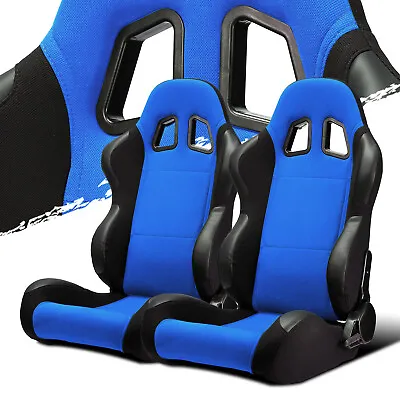 Black BLUE Fabric/PVC Leather Left/Right Recaro Style Racing Car Seats • $301.38