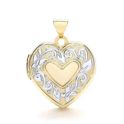 9ct Yellow & White Gold Patterned Family Heart Shape Locket • £217.80