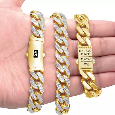 10k Yellow Gold 13mm Monaco Miami Cuban Link Diamond Cut Pave Chain Bracelet 8  • $895.99