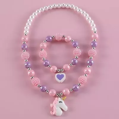 Children Necklace & Bracelet Set Cute Unicorn Pink Beads Jewellery Kids Girls • £3.99