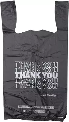 New Large 21 X 6.5 X 11.5  Thank You  T-Shirt Plastic Grocery Black  Bags-1000 • $25.99