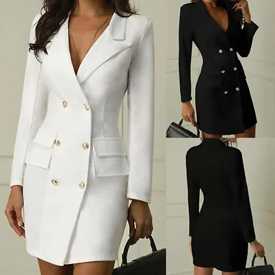 Womens Double Breasted Gold Button Front Black Military Style Long Dress Coat • $40.99