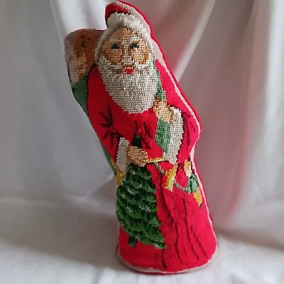 Vintage 14  Needlepoint Standing Santa Claus Velvet Wool Stuffed • $22.50