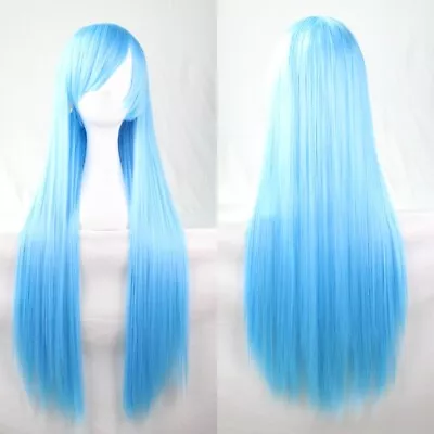 $8 • Buy Blue Straight Sleek Long Full Hair Wig Side Bangs Cosplay 31 Inch Long