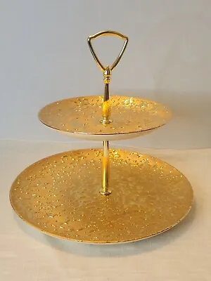 Vntg Weeping Bright Gold Serving Platter Two Tier Pastry Sandwich Tray 22 K USA • $22.50