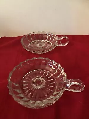 Vintage Set 4.75” Round Pressed Glass Candle Holders W Loop Handles For Tapers • $14.99