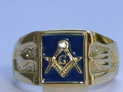 Masonic Mason Blue Enamel Compasses Clear Austrian Crystal Men's Ring Size 7-15 • $20.99