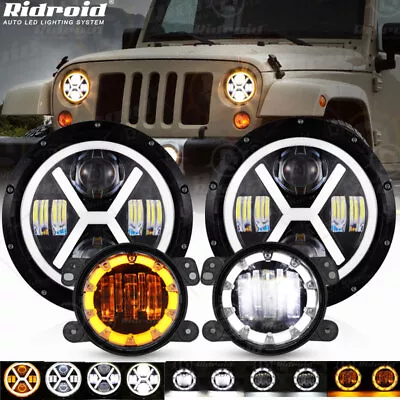 $89.99 • Buy 2007-17 For Jeep Wrangler JK 7  Halo LED Headlights + LED Fog Lights Combo Kit